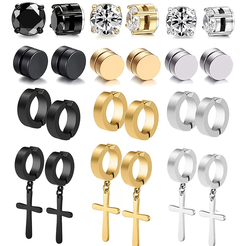 

12pairs Magnetic Stainless Steel Non Pierced Earrings For Men Magnet Cz Clip On Dangle Earrings Set