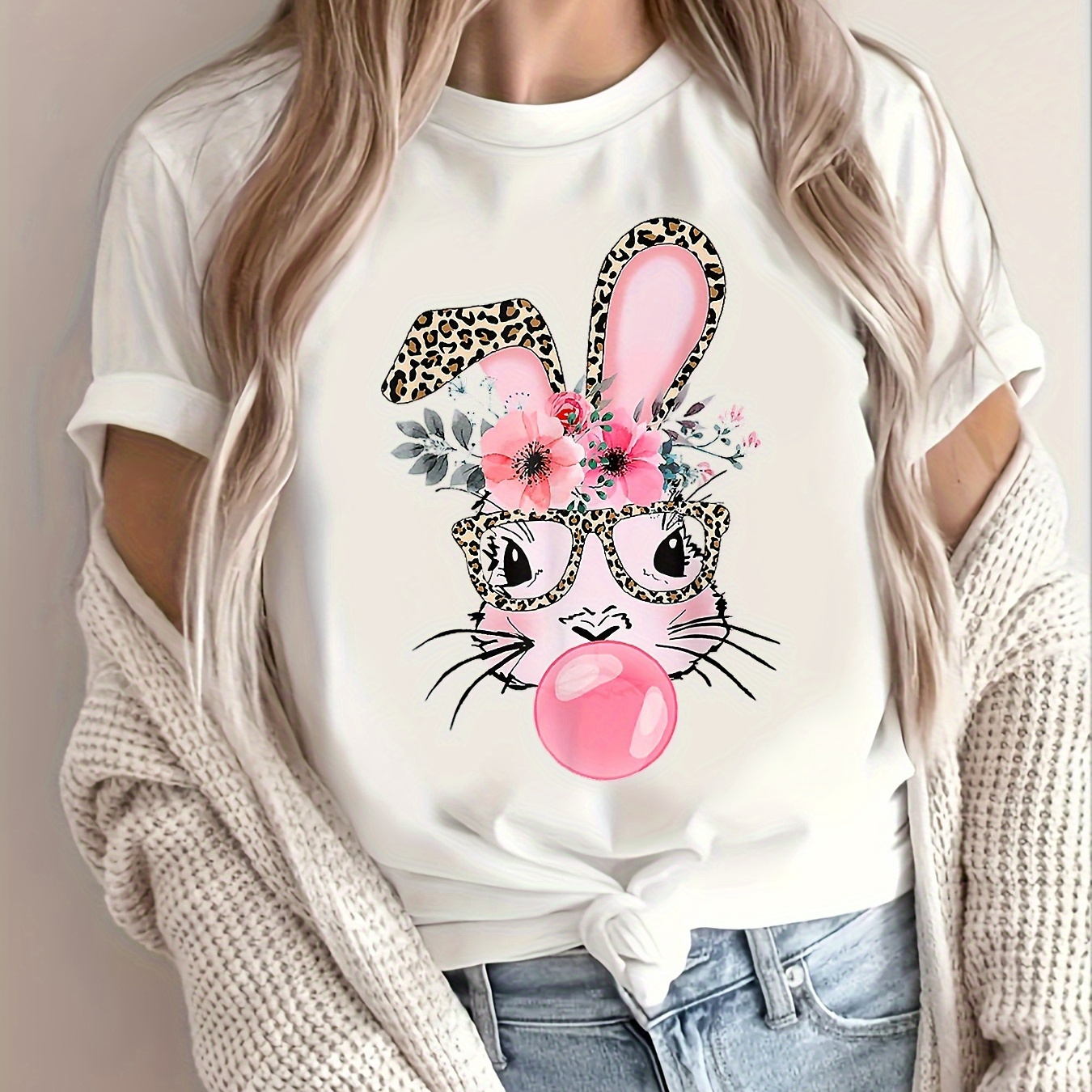 

Rabbit Print Crew Neck T-shirt, Casual Short Sleeve Top For Spring & Summer, Women's Clothing