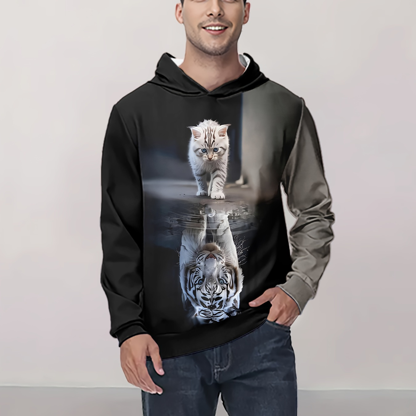 

Men's 3d Tiger & Kitten Print Hoodie - Casual Long Sleeve Pullover With Kangaroo Pocket, Spring/fall, 3d Print, Hoodie, Casual, Men's Fashion