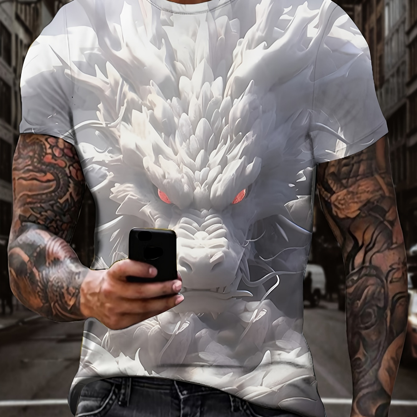 

3d White Dragon Print Men's Trendy Color Block Short Sleeve Crew Neck T-shirt, Summer Outdoor