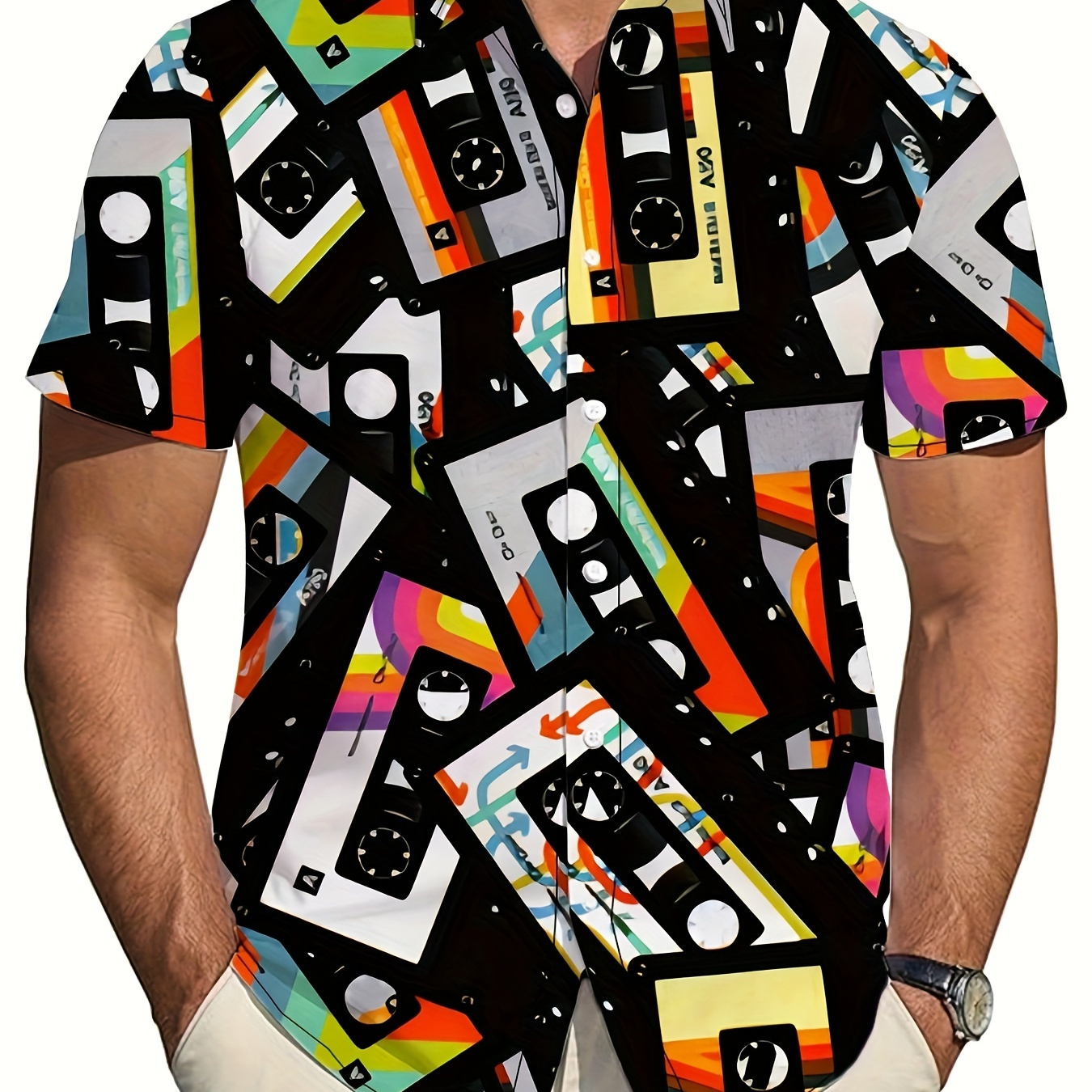 

Men's Retro Cassette Tape Print Short Sleeve Shirt - Vibrant , Casual Summer Button-up, Machine Washable Polyester, Lightweight & Breathable For Beach & Outdoor Fun