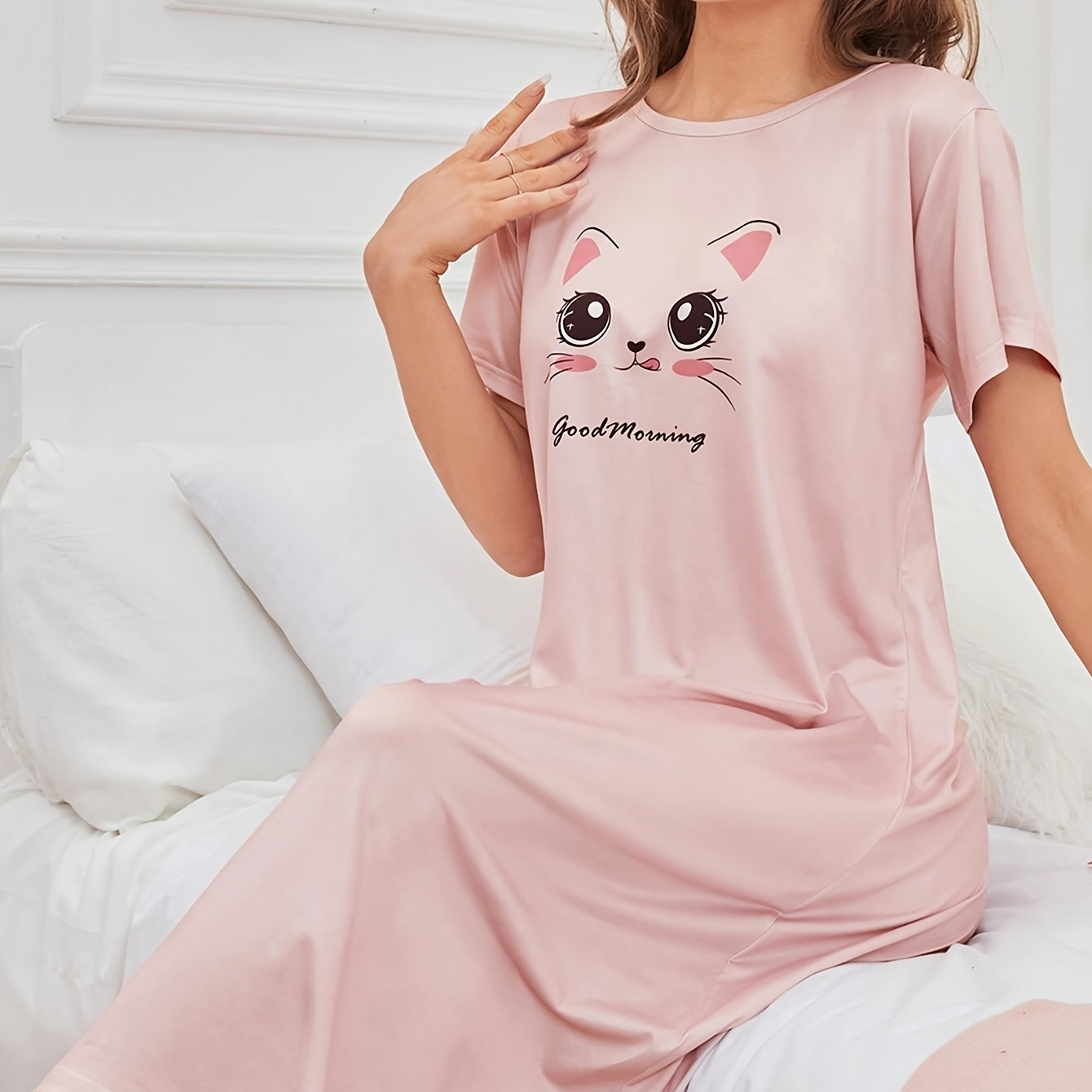 

Women's Cute Cat & Letter Print Sleepwear Dress, Short Sleeve Round Neck Loose Fit Tee Dress, Comfortable Nightgown