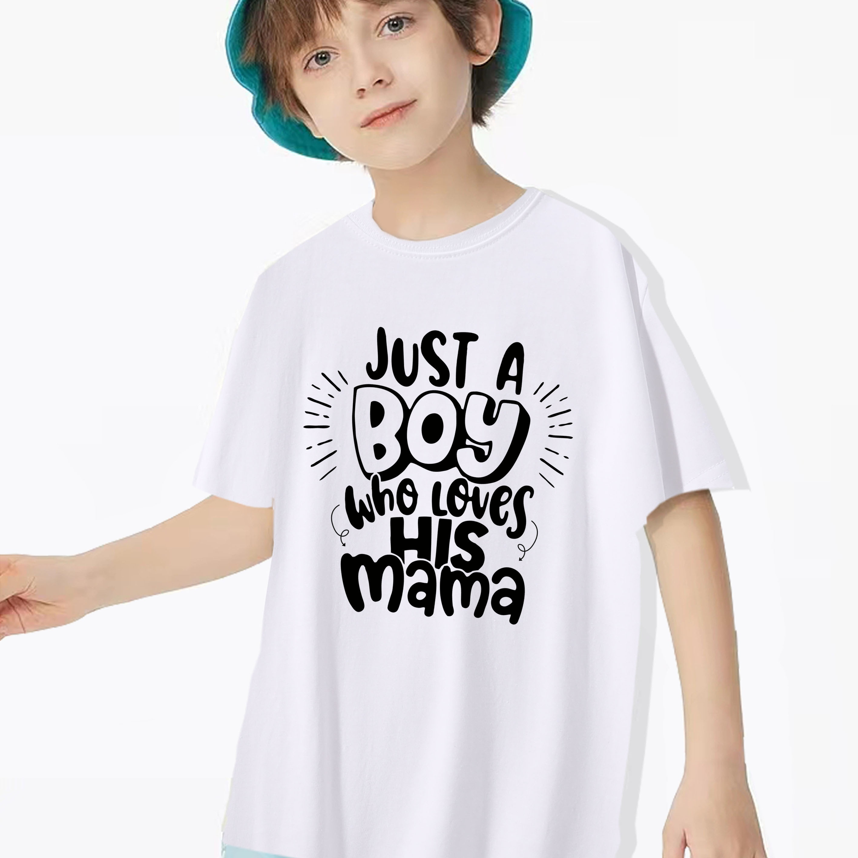 

Just A Boy Who Loves His Mama Print Tee Tops, Boys Round Neck Casual Short Sleeve Comfortable Soft Premium T-shirt