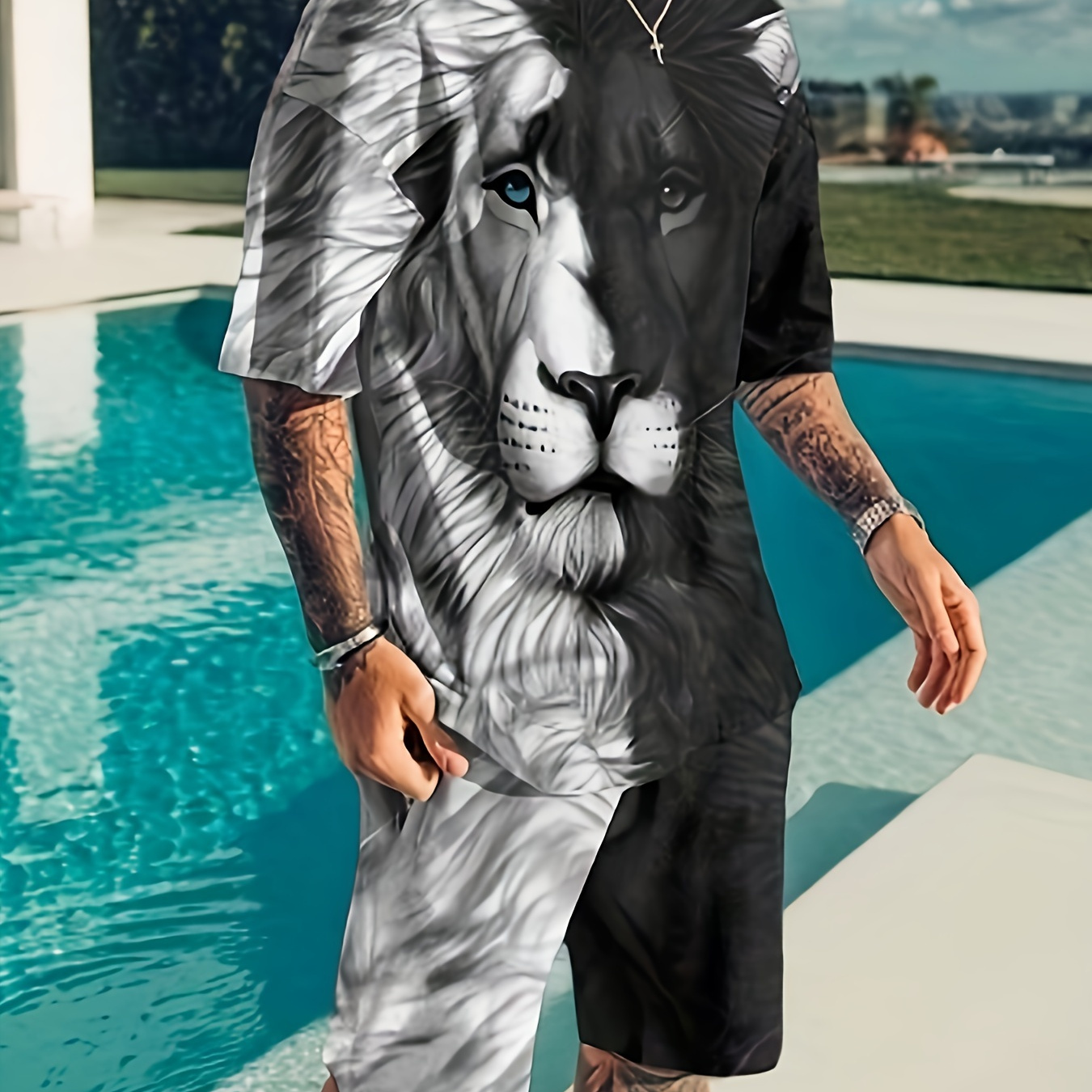 

Plus Size Men's 2 Piece Summer Casual Suit Lion Print Short Sleeve T Shirt And Track Shorts Set Holiday Sports Suit