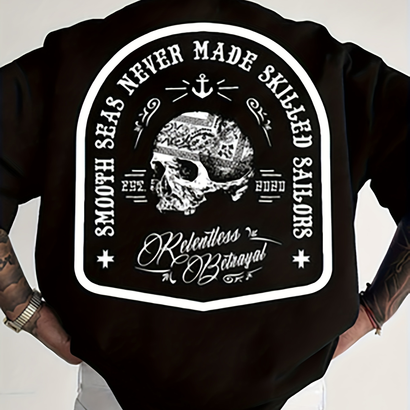 

Fashion Men Creative Letters, Boat Anchor Skull Double-sided Printed Round Neck Short-sleeved T-shirt, As A Gift