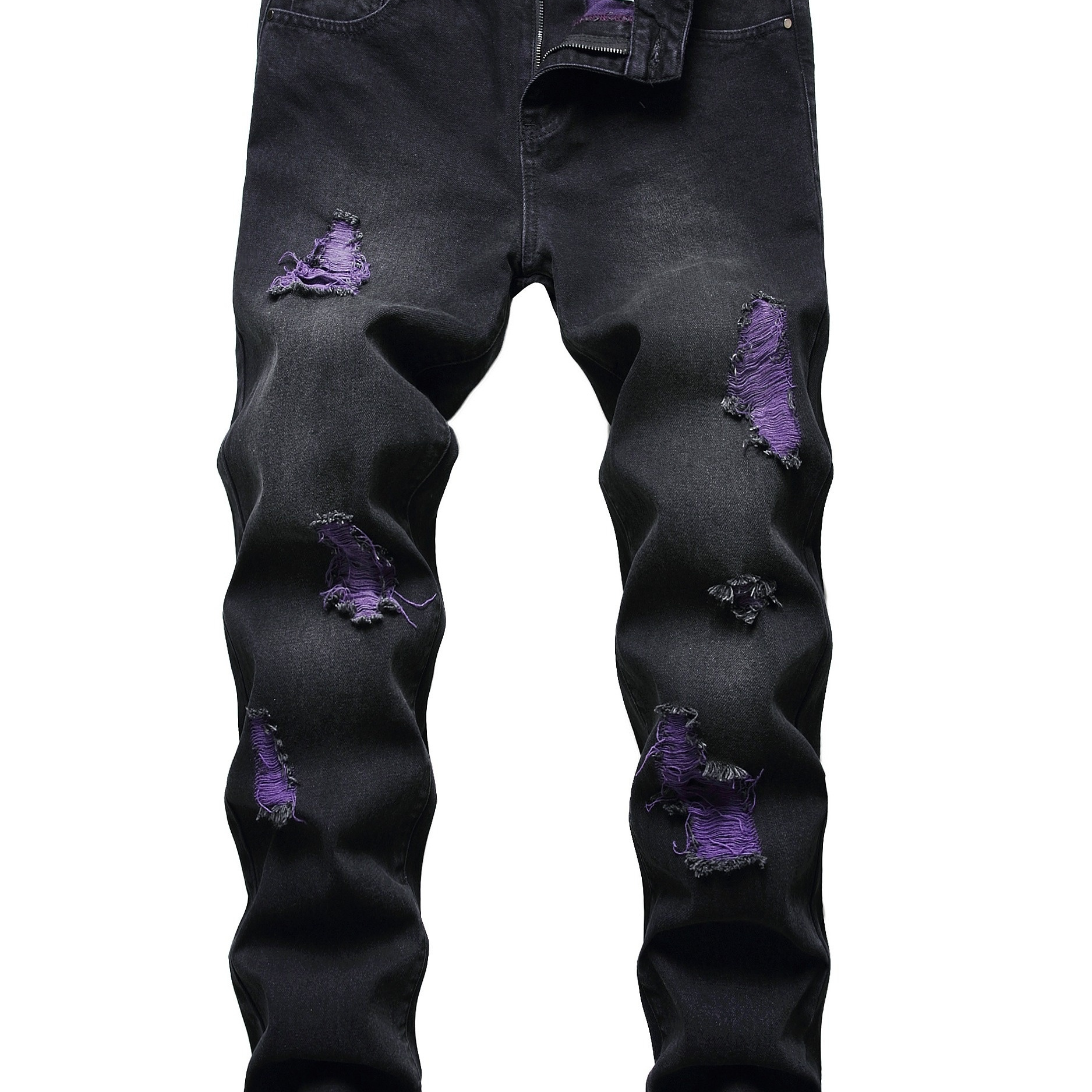 

Men's Distressed Skinny Jeans - Black With Purple Accents, Stretch Denim, , Machine Washable, Pants|ripped Detailing|washed Denim