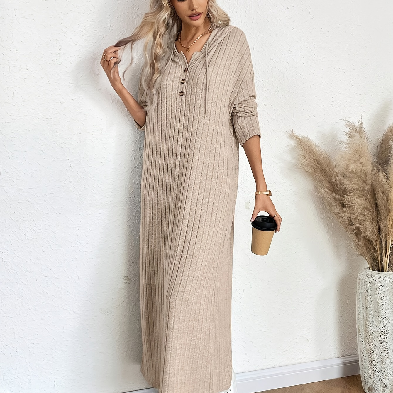 

1pc Women's Ribbed Knit Dress With Hood And Drawstring, Solid Color Polyester Long Sleeve Casual Tunic For Spring/autumn