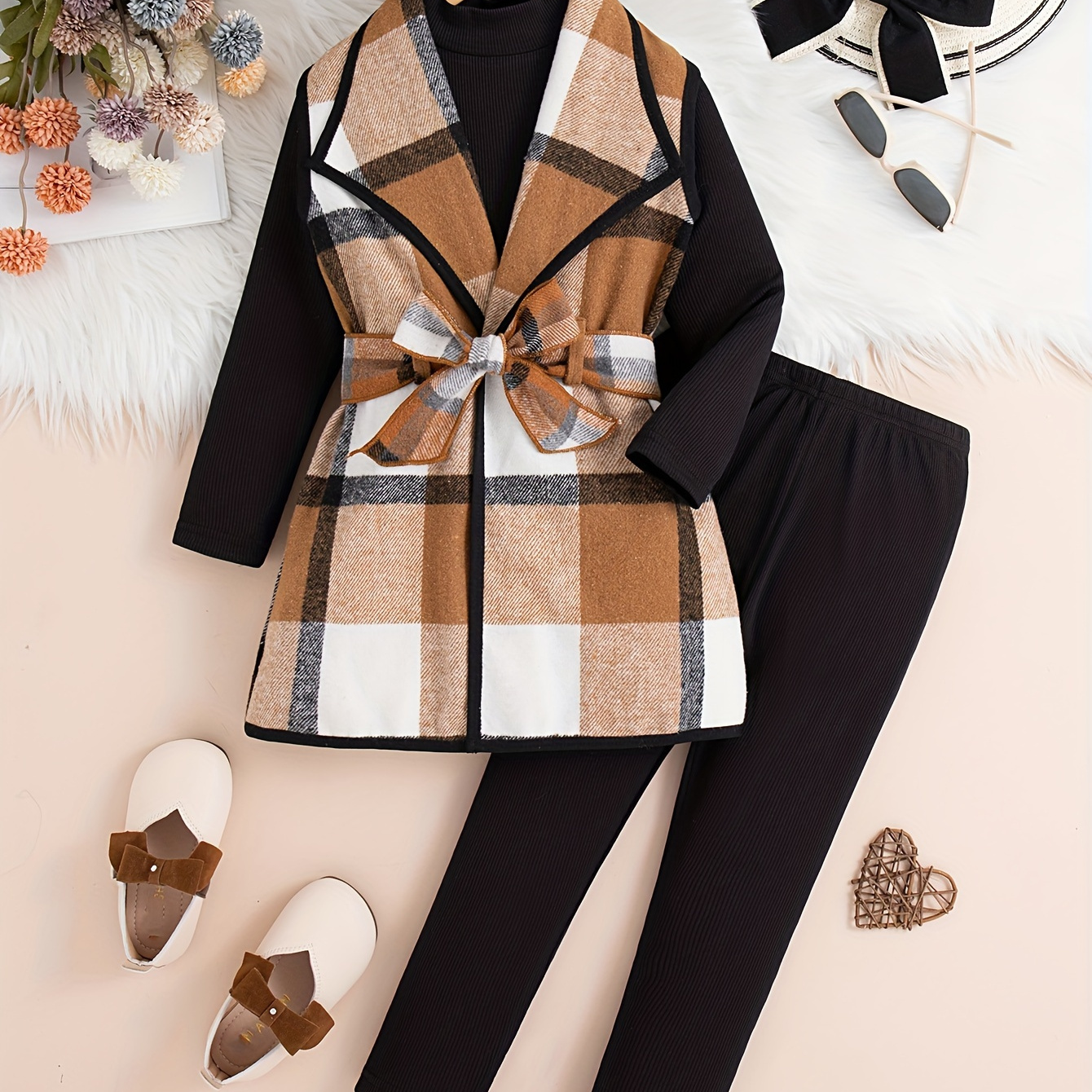 

3pcs Sleeveless Lapel Long + Turtleneck Long-sleeved Top + Pants Set Waist For