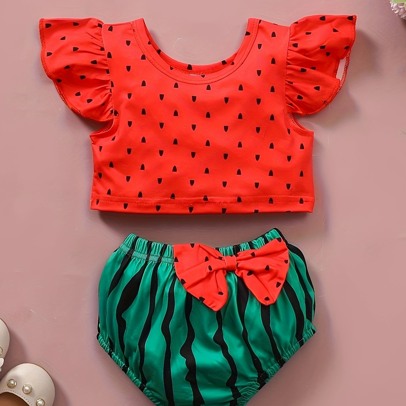 

Baby Girl's Ruffle Sleeves Top + Shorts With Watermelon Print, Newborn's Cute Summer Dress Up