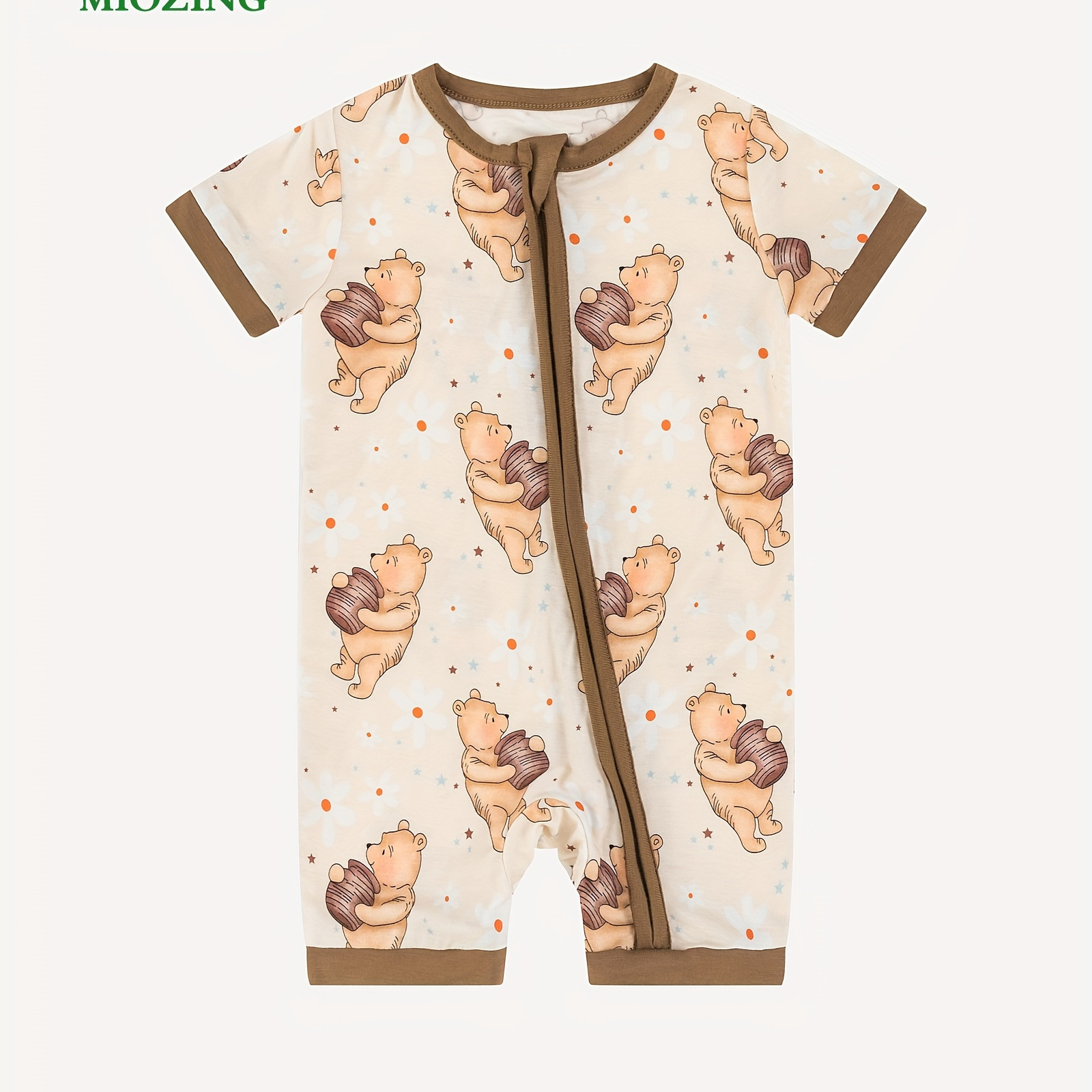 

Miozing Bamboo Fiber Bodysuit For Baby, Cartoon Bear & Honey Pattern Zip Up Short Sleeve Onesie, Infant & Toddler Girl's Romper