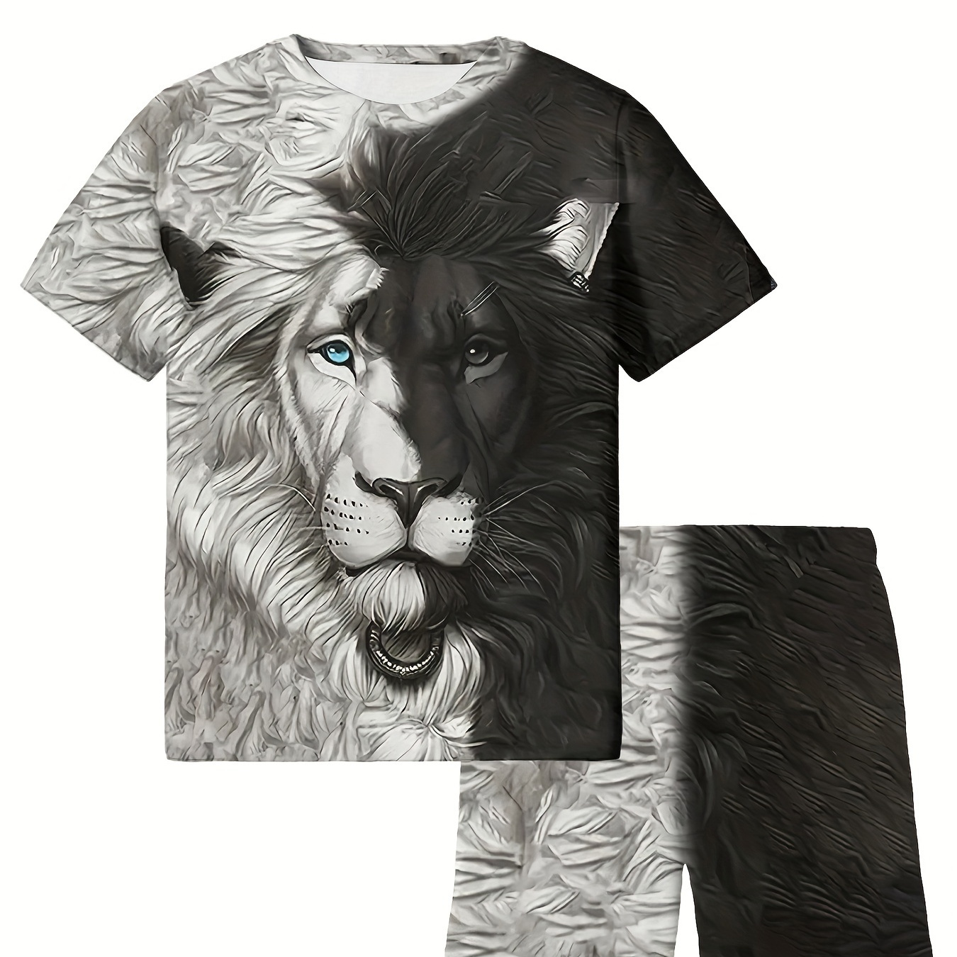 

2pcs Boys Casual Cool Lion 3d Graphic Print Short Sleeve T-shirt & Shorts Set, Comfy Summer Boys Clothes