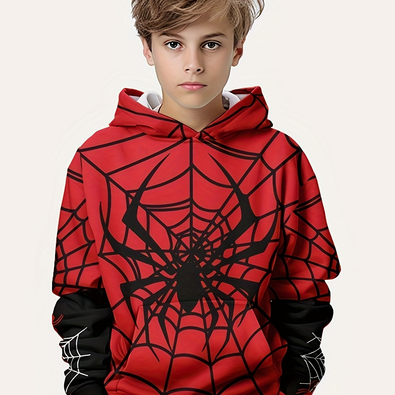 

Cool Spider And Web 3d Print Boys Long Sleeve Hoodie, Stay Stylish And Cozy Sweatshirt - Perfect Spring Fall Winter Essential For Your Little Fashionista!