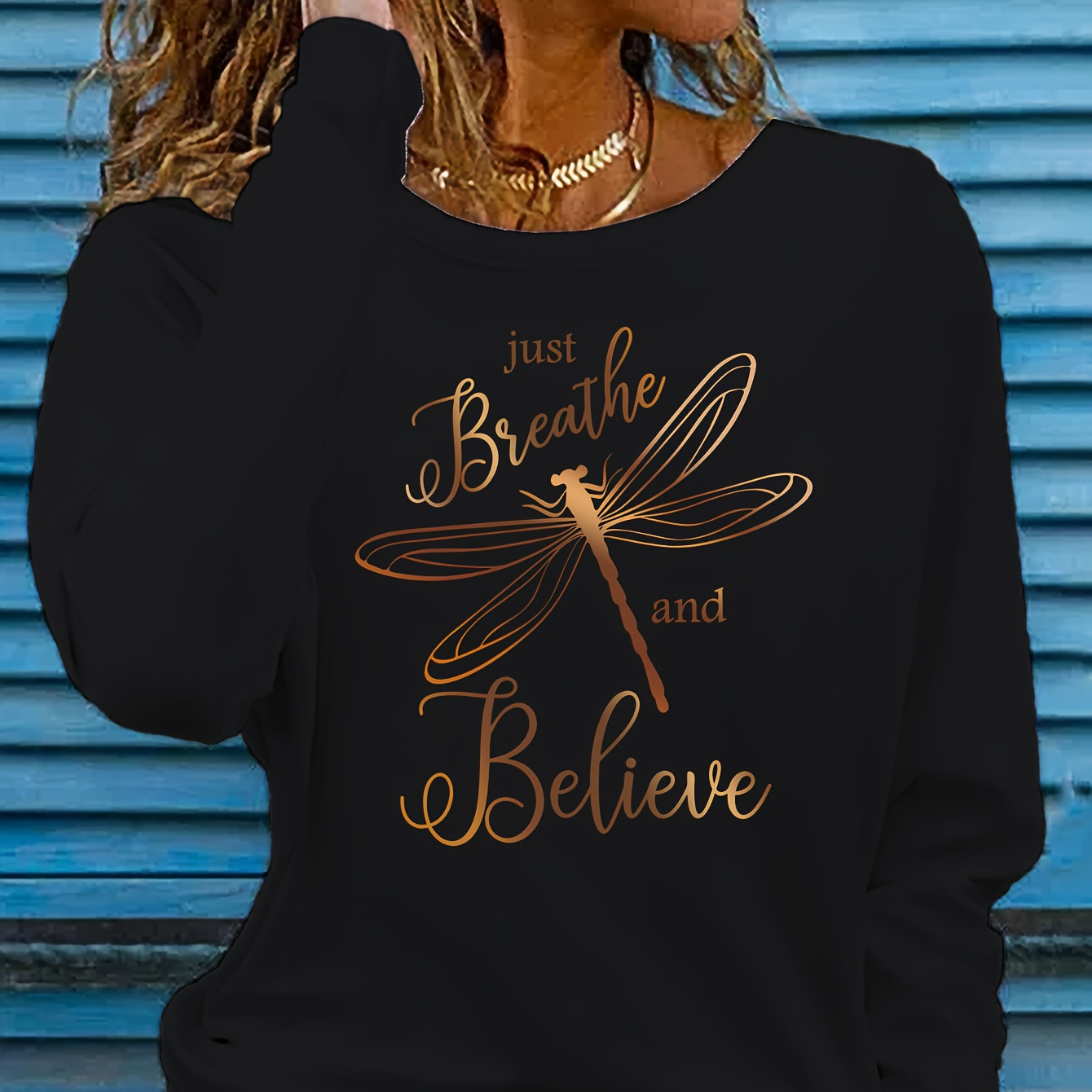 

Just Breathe And Believe Print T-shirt, Casual Crew Neck Long Sleeve Top, Women's Clothing