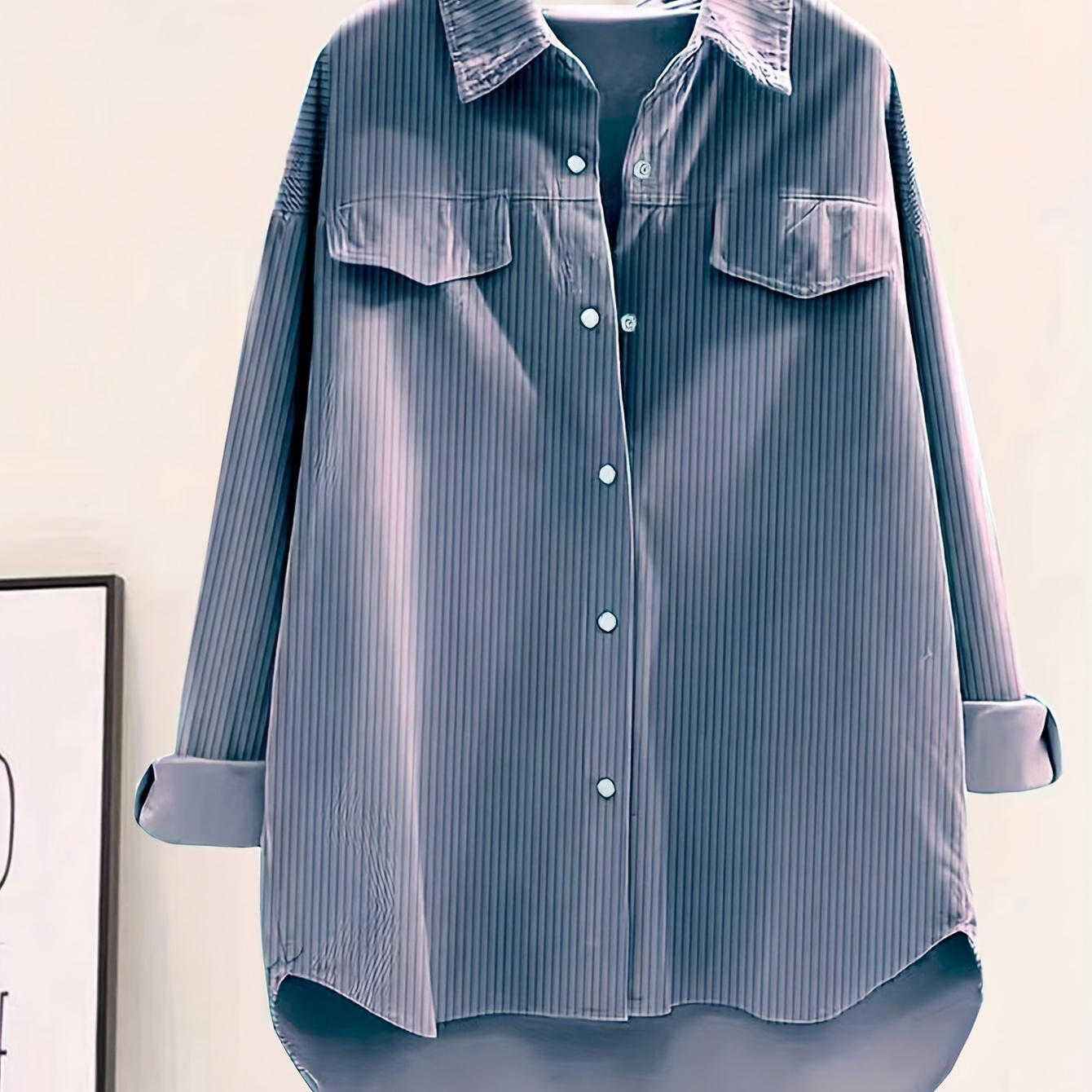 

Elegant Women's Striped Button-up Shirt, Long Sleeve, Woven Polyester, Solid Color, Adult Fall/winter Collection