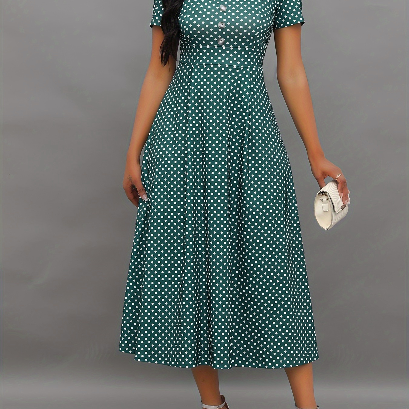 

Polka Dot Print Square Neck Dress, Elegant Short Sleeve A-line Dress For Spring & Summer, Women's Clothing