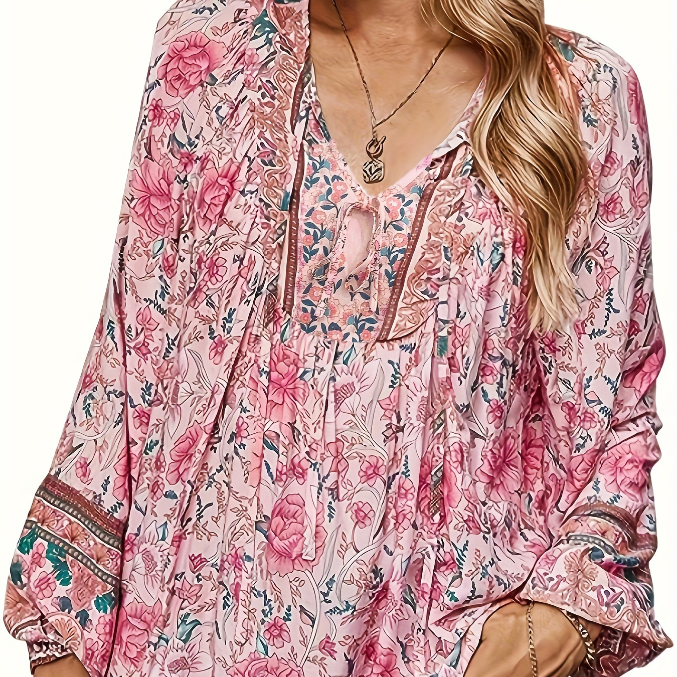 

Chic Women's Floral Print V-neck Blouse - Oversized, Long Sleeve, 100% Polyester Top With Intricate Detailing, Ideal For Spring/fall Vacations, Autumn Apparel| Sleeves|polyester Blouse