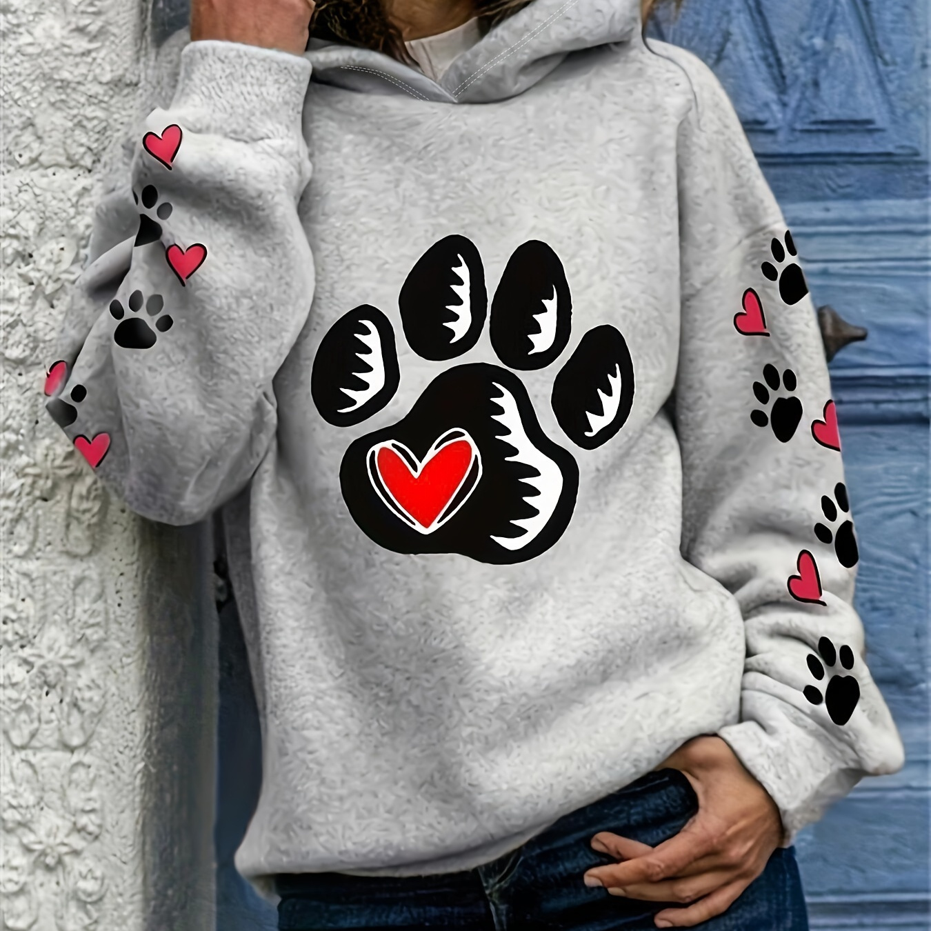 

Women's Plus Size Hoodie, Long Sleeve, Polyester, Pop Art Paw Print & , Stretchy Knit, Casual Pullover,