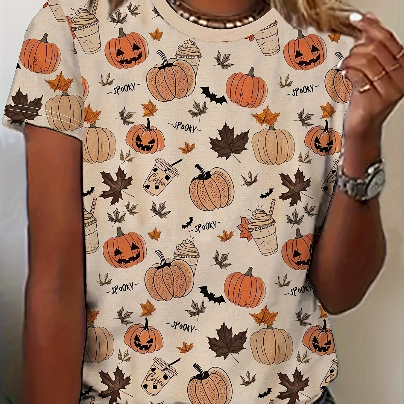 

Pumpkin Print Crew Neck T-shirt, Casual Short Sleeve Top For Spring & Summer, Women's Clothing