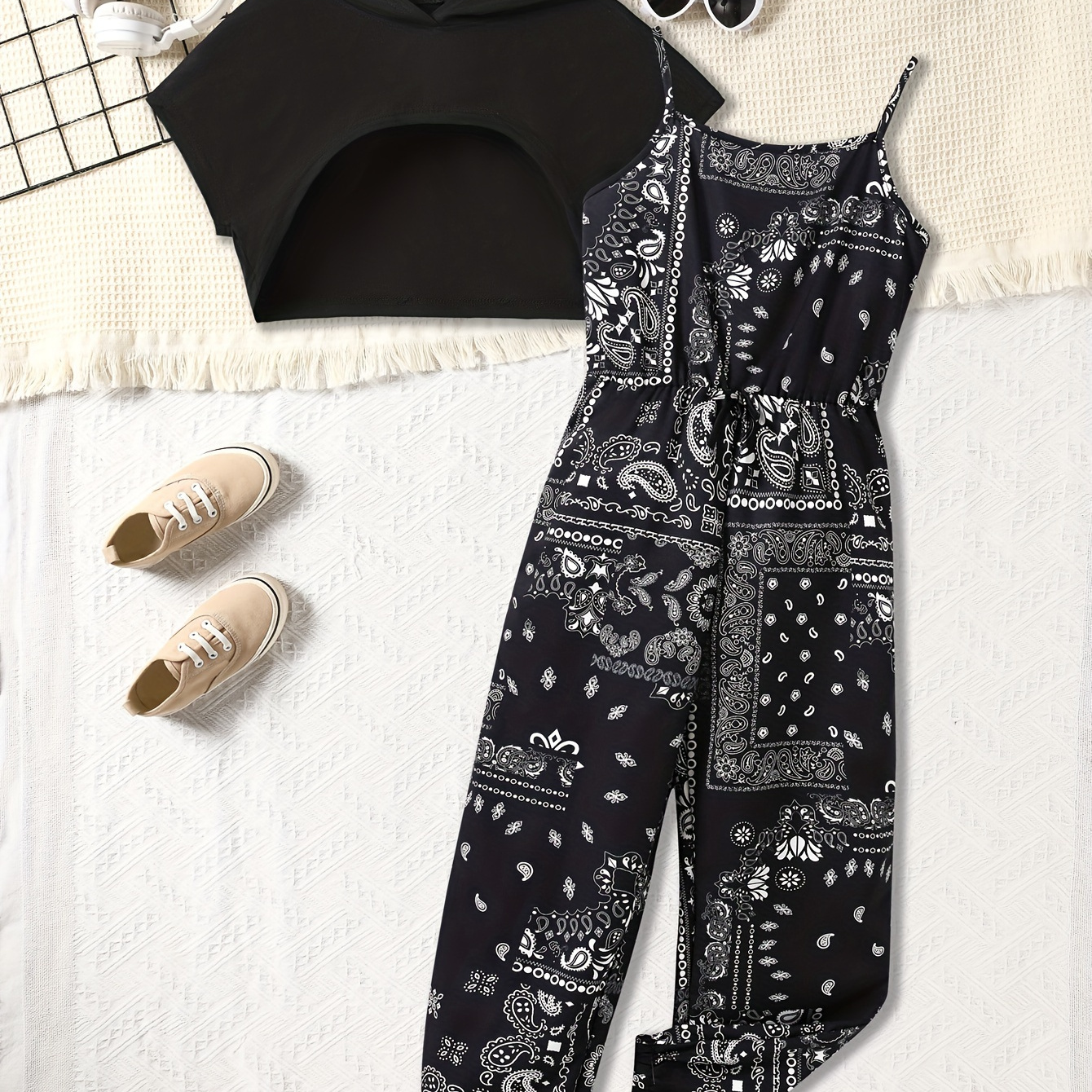 

Street Style Girl's 2 Pcs Vintage Totem Cami Jumpsuit + Short Sleeve Crop Hoodie Set, Casual Going Out Summer Clothes, Gift