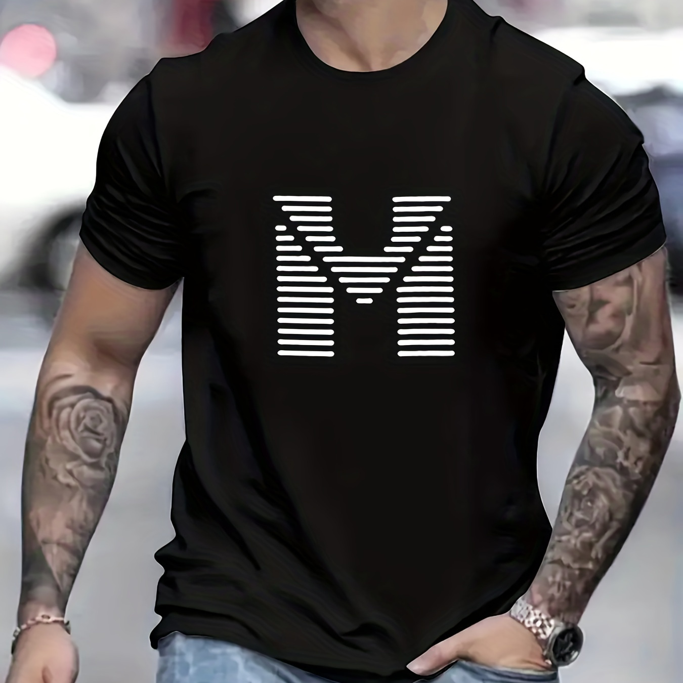 

Letter M Print Tee Shirt, Tee For Men, Casual Short Sleeve T-shirt For Summer Spring Fall, Tops As Gifts