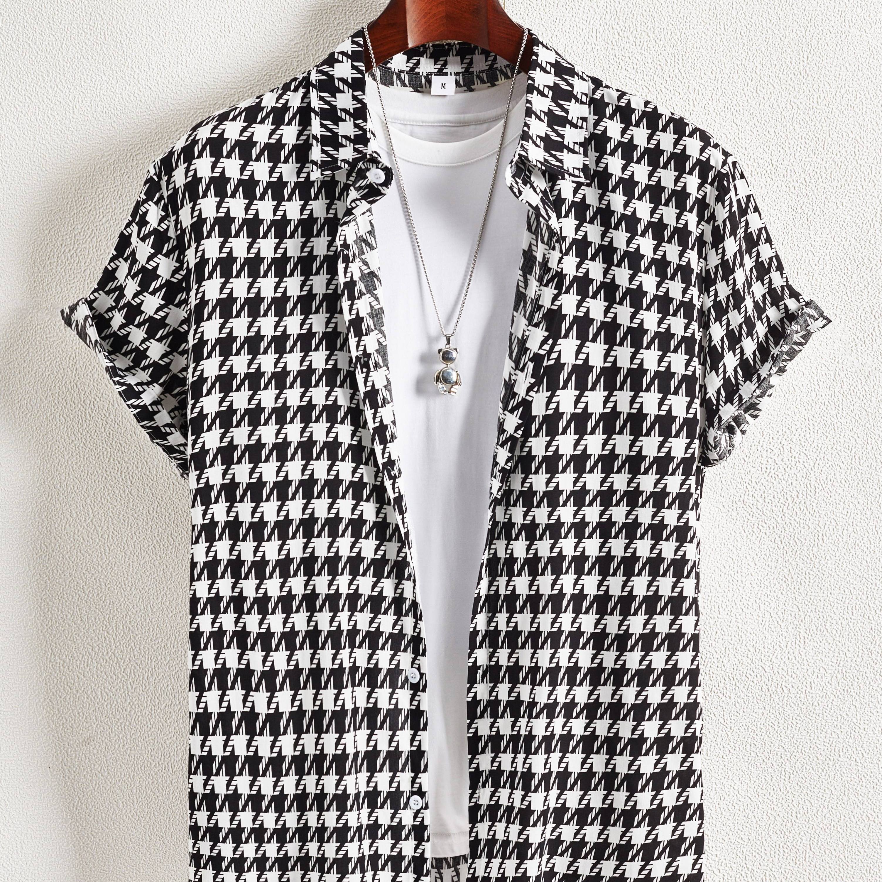 Houndstooth Print -  Button Up Short Sleeve Shirts Summer Casual