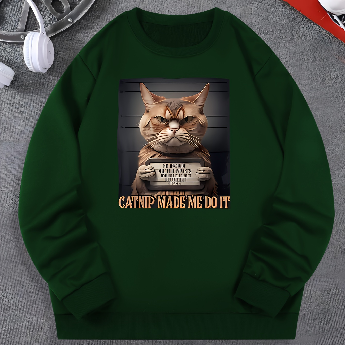 

Criminal Cat Mugshot Print, Men's Crew Neck Sweatshirt, Streetwear Pullover With Long Sleeves, Slightly Flex Top Clothing For Men For All Seasons