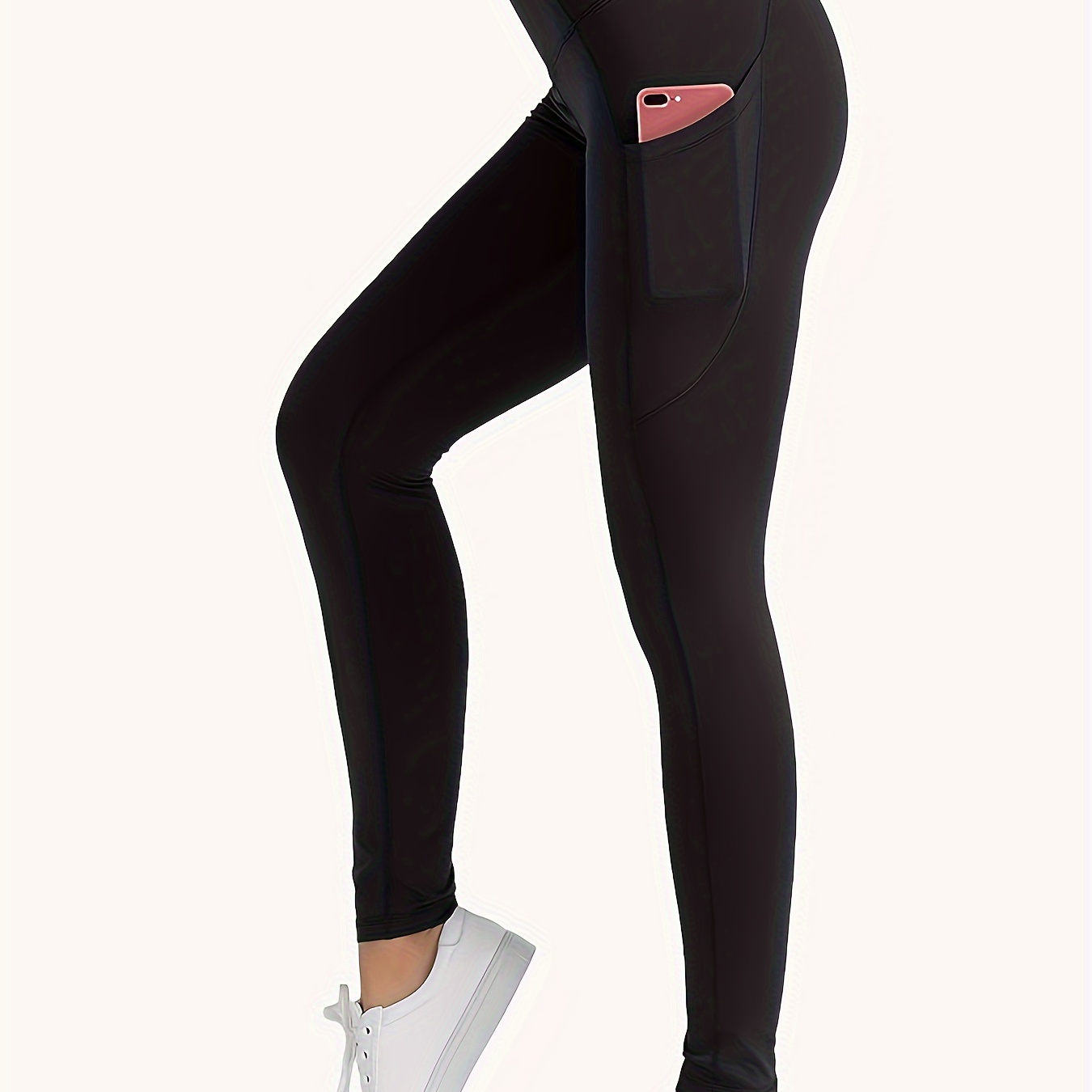 

Solid Color Yoga Seamless Leggings With Pocket, High Waist Sports Workout Tight Pants, Women's Activewear