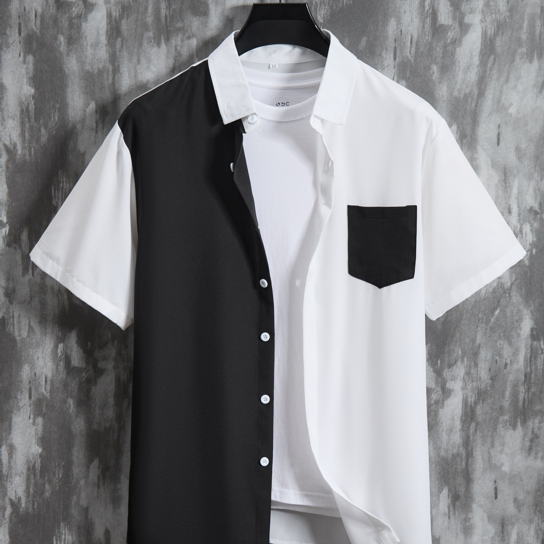 

Street Daily Color Block Men's Short Sleeve Lapel Shirt With Chest Pocket, Men's Summer Color Block Top
