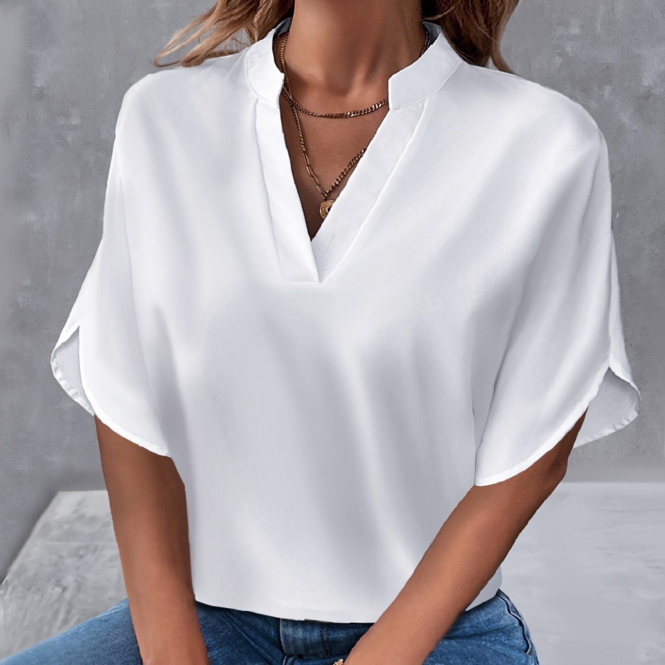 

Solid Color Neck Blouse, Casual Short Split Sleeve Blouse For , Women's Clothing