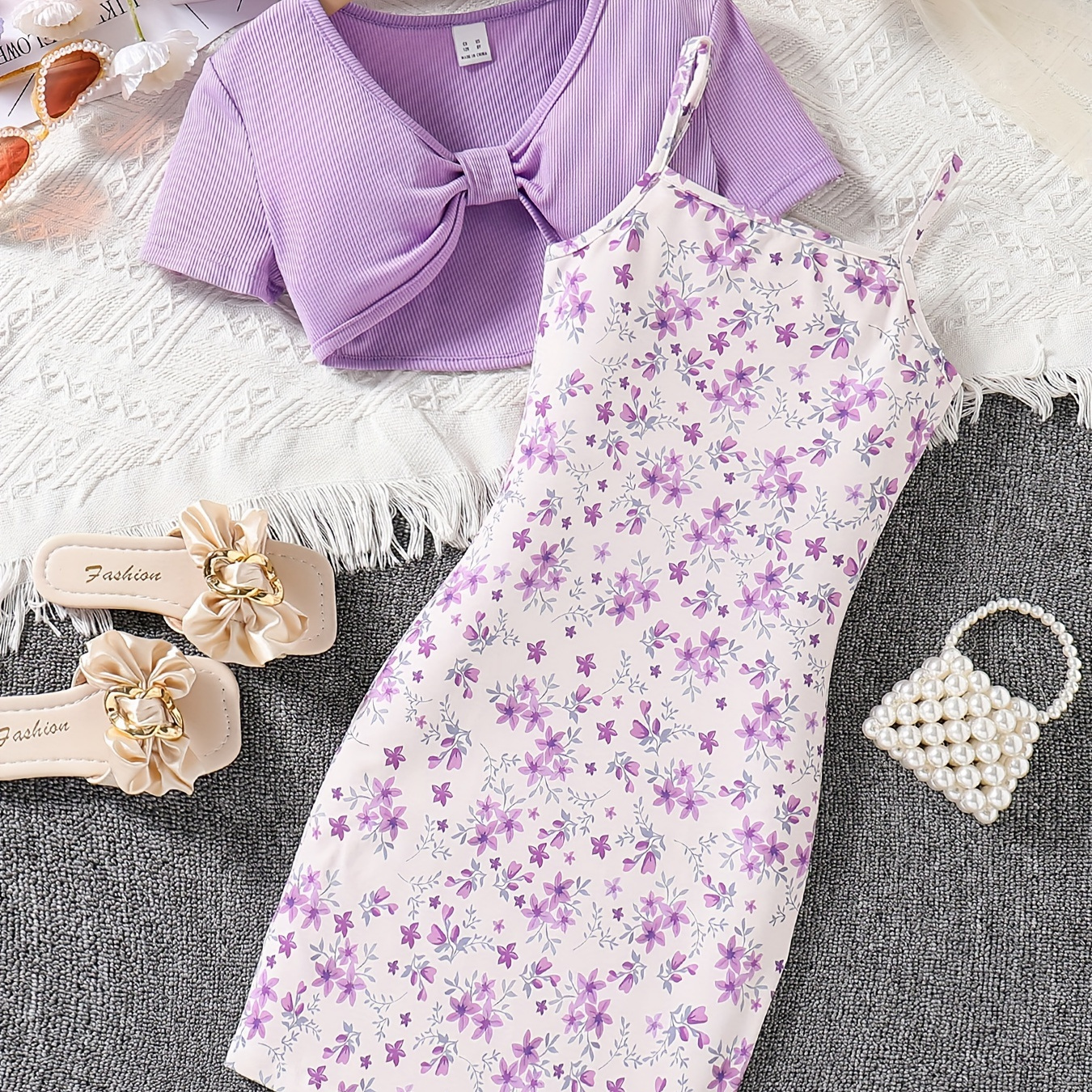 

2pcs, Girls Elegant Bowknot Short Sleeve Cardigan Top + Floral Cami Dress Set Vacation Summer Outfit, Gift