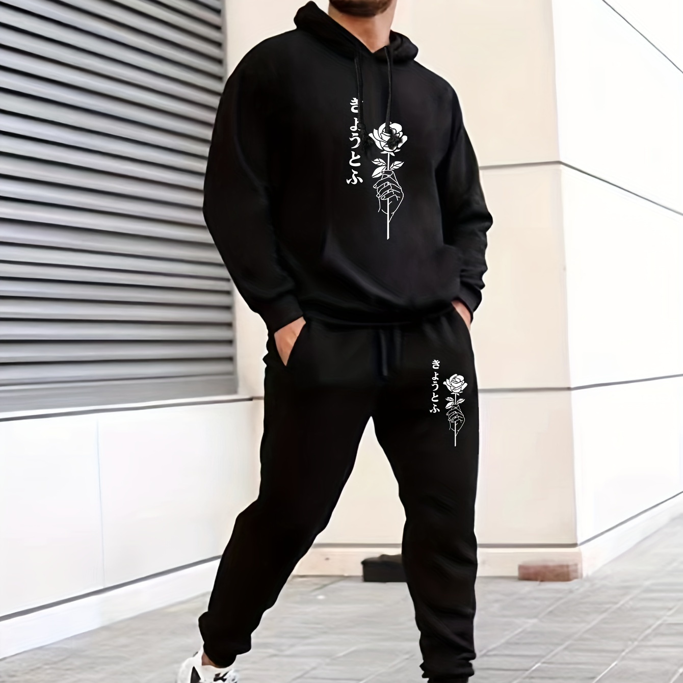 

Rose Print, Men's 2pcs Outfits, Casual Hoodies Long Sleeve Pullover Hooded Sweatshirt And Sweatpants Joggers Set For Spring Fall, Men's Clothing