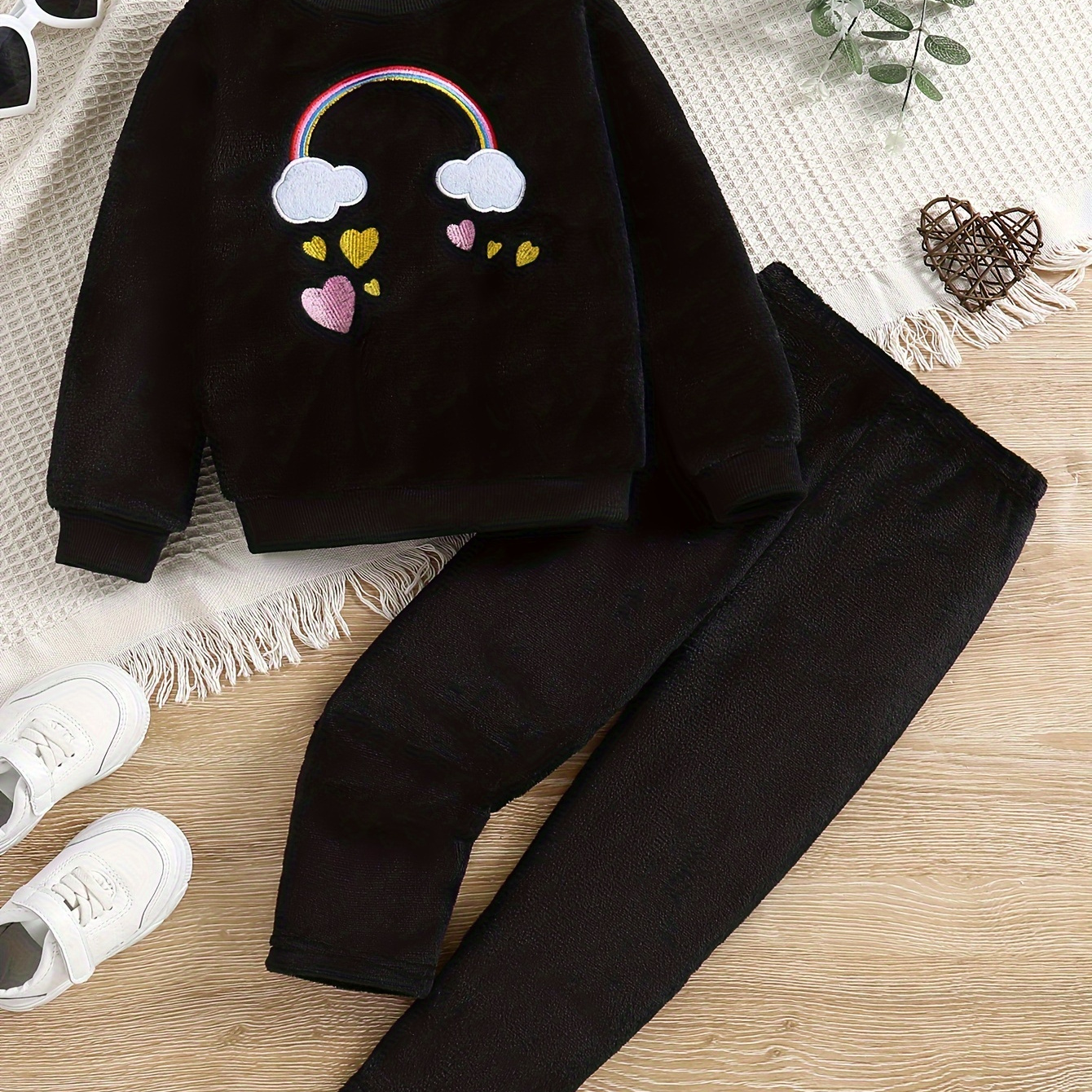 

2pcs Girl's Rainbow Embroidered Outfit, Fuzzy Fleece Sweatshirt & Sweatpants Set, Thermal Long Sleeve Top, Kid's Clothes For Spring Fall Winter
