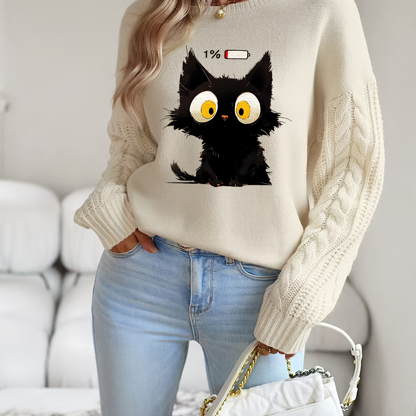 

1pc Women's Casual Polyester Knit Sweater With Cute Cat Print, Round Neck, Long Sleeve, Cable Knit Pullover For Autumn/winter - Fashionable Commuter Style