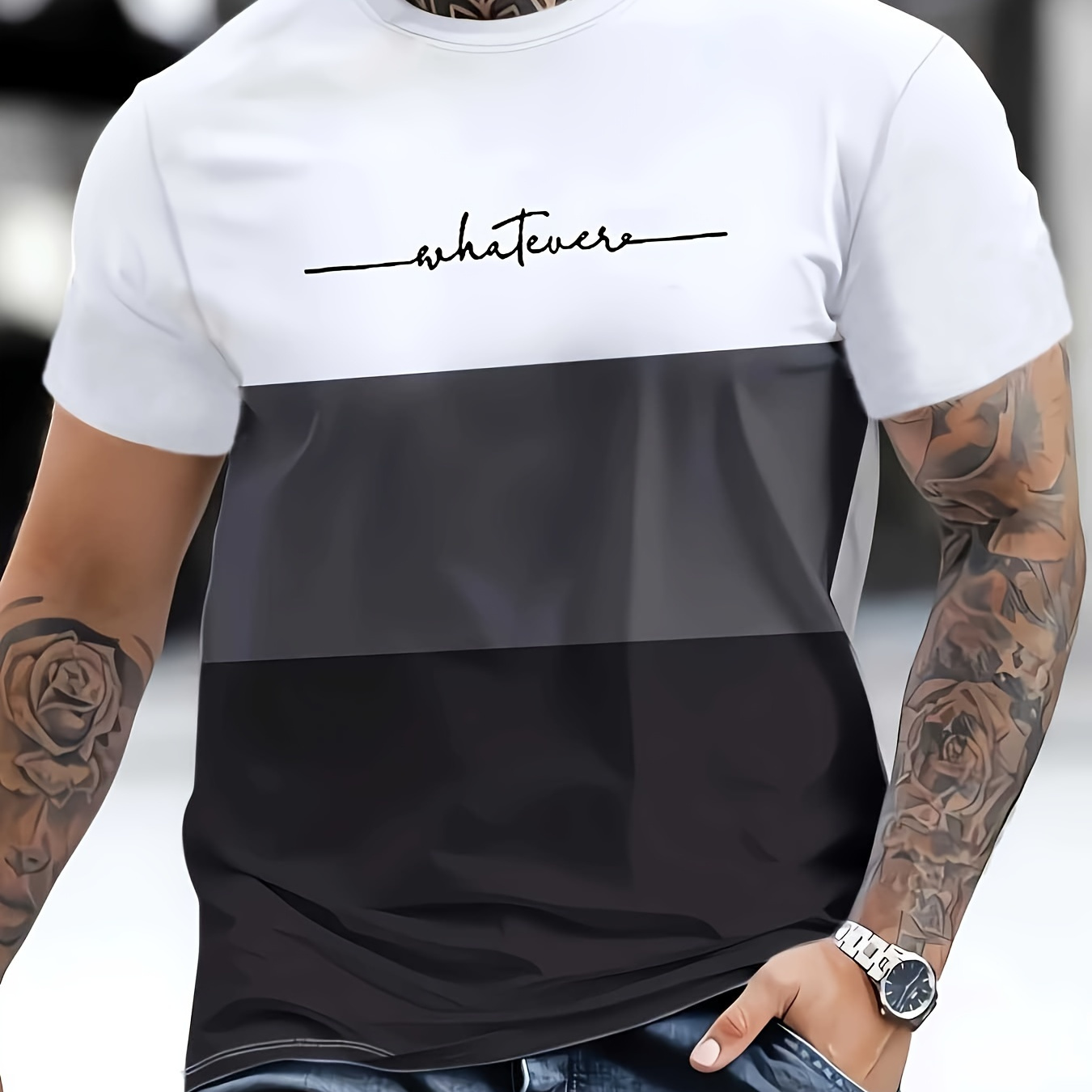 

Men's Color Block Whatever Graphic Print T-shirt, Casual Short Sleeve Crew Neck Tee, Men's Clothing For Summer Outdoor