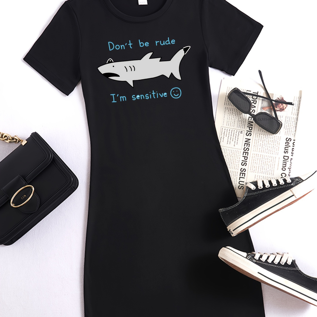 

Cartoon Shark Print Tee Dress, Summer Short Sleeve Casual Dress, Women's Clothing