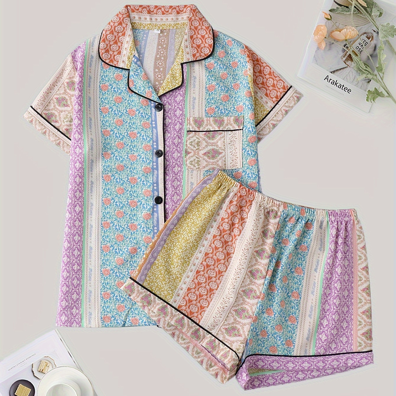 

Women's Patchwork Print Boho Style Pajama Set, Short Sleeve Buttons Lapel Top & Shorts, Comfortable Relaxed Fit