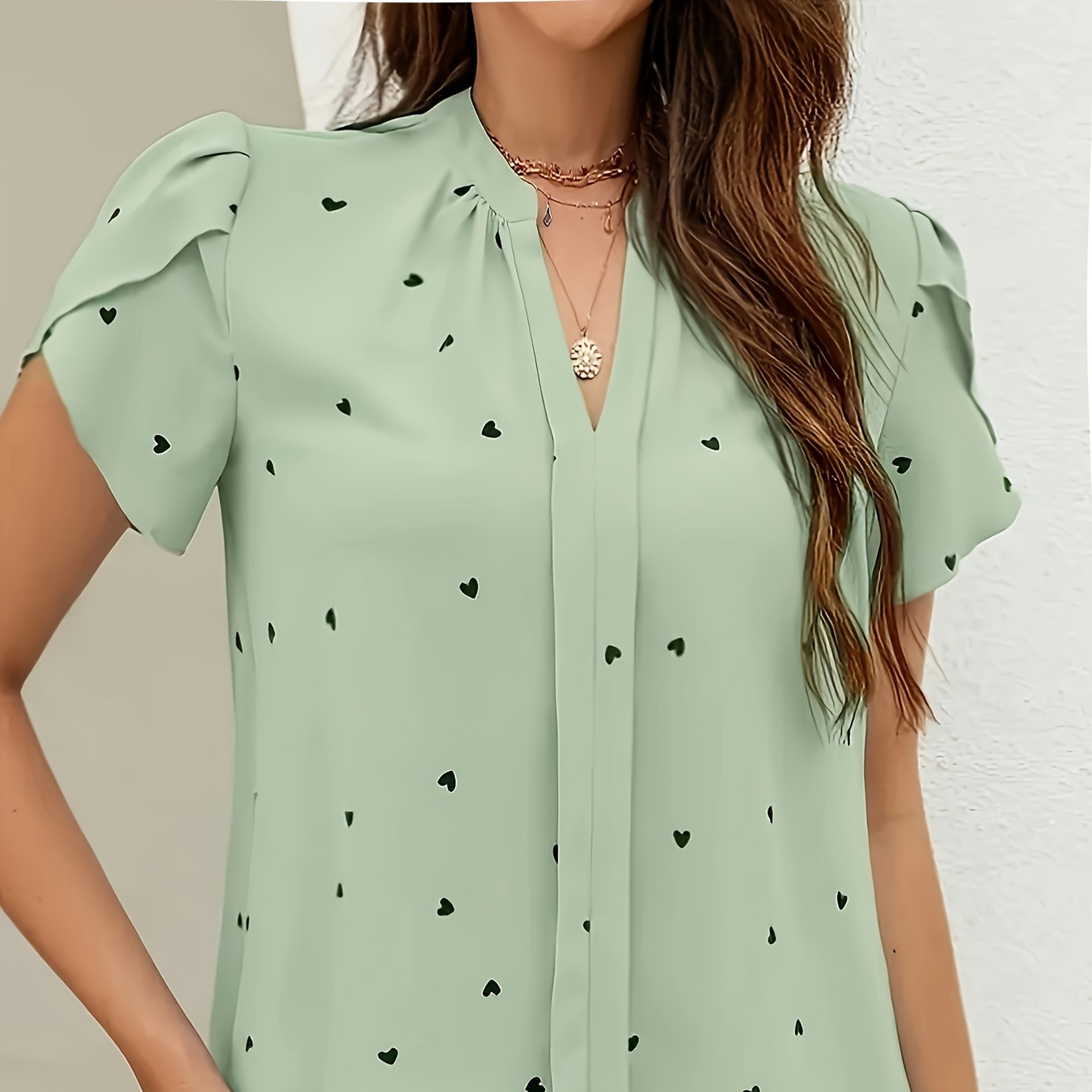 

Blouse à dégagée avec imprimé cœur, blouse décontractée à manches courtes pétales pour et l'été, vêtements pour femmes