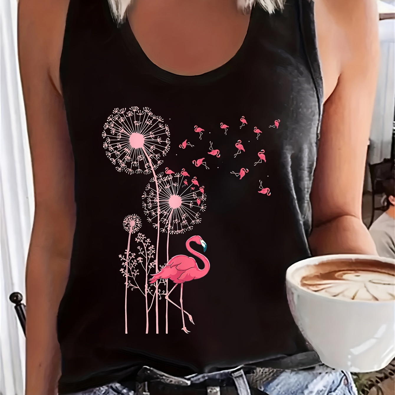 

Flamingo & Floral Print Tank Top, Sleeveless Casual Top For Summer & Spring, Women's Clothing
