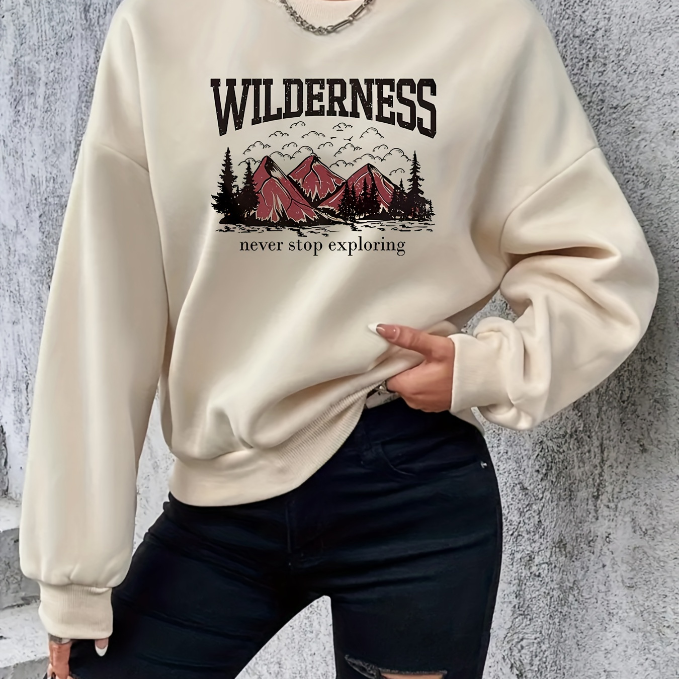 

Plus Size Casual Sweatshirt, Women's Plus Mountain & Slogan Print Long Sleeve Round Neck Slight Stretch Sweatshirt