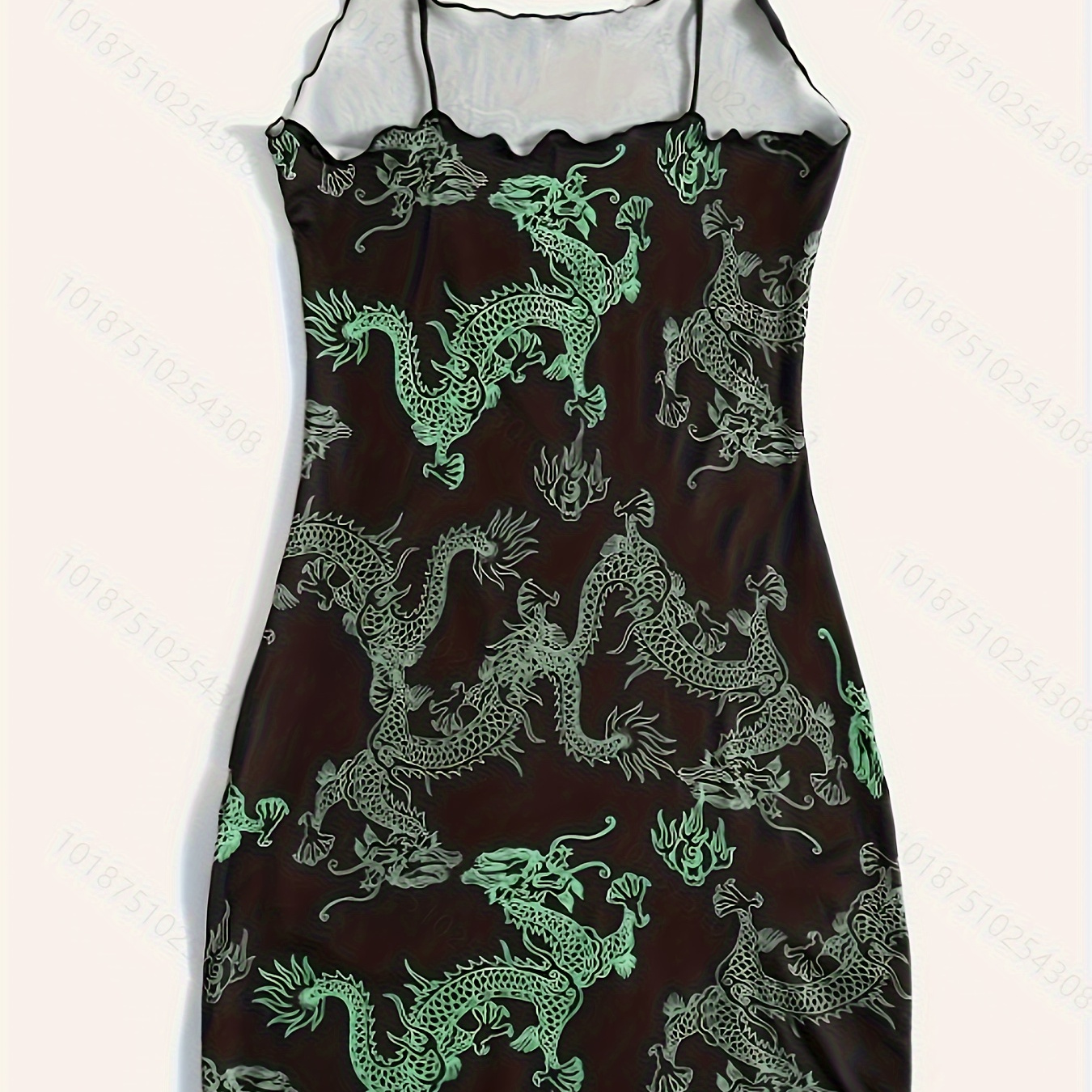 

Dragon Print Spaghetti Strap Dress, Casual Lettuce Trim Sleeveless Cami Dress For Spring & Summer, Women's Clothing
