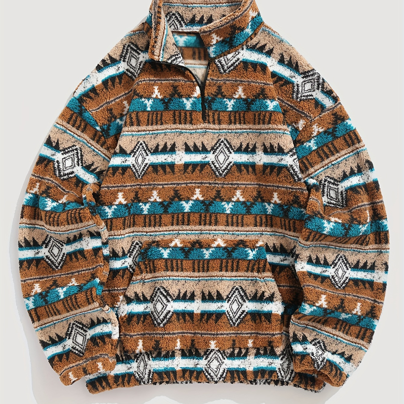 

Men's Cozy Fleece-lined Pullover Sweatshirt With Ethnic Print, Stand Collar & Kangaroo Pocket - Casual Zip-up For Fall/winter