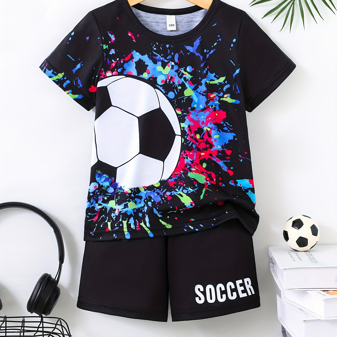 

2pcs Boys Casual Football Graphic Print Short Sleeve T-shirt & Shorts Set, Comfy Summer Boys Clothes