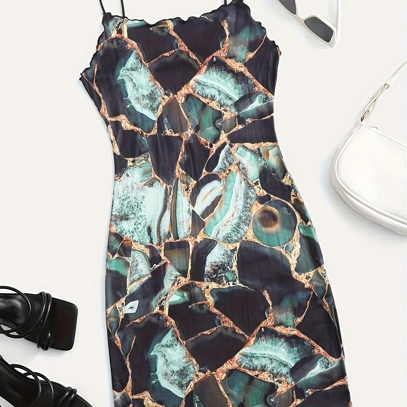 

Marble Print Frill Trim Cami Dress, Elegant Sleeveless Spaghetti Strap Dress, Women's Clothing