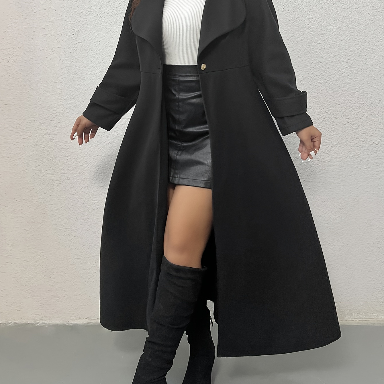 

Plus Size Solid Single-breasted Overcoat, Elegant Lapel Collar Long Sleeve Longline Coat For Fall & Winter, Women's Plus Size Clothing