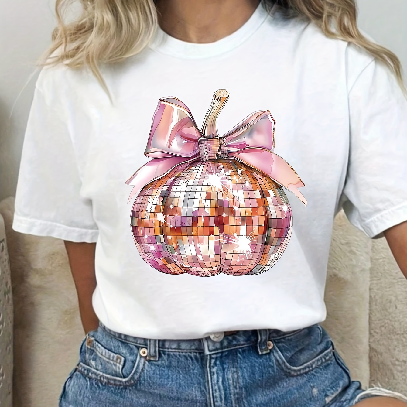 

Plus Size Casual Crew Neck T-shirt With Glitter Pumpkin Print - 100% Polyester Knit Fabric With Slight Stretch For Summer - Graphic Short Sleeve Tee For Women