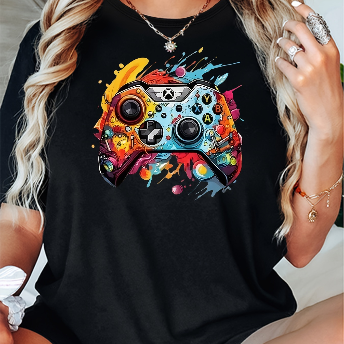 

Color Gamepad Print Round Neck Sports T-shirt, Short Sleeve Running Casual Tops, Women's Activewear