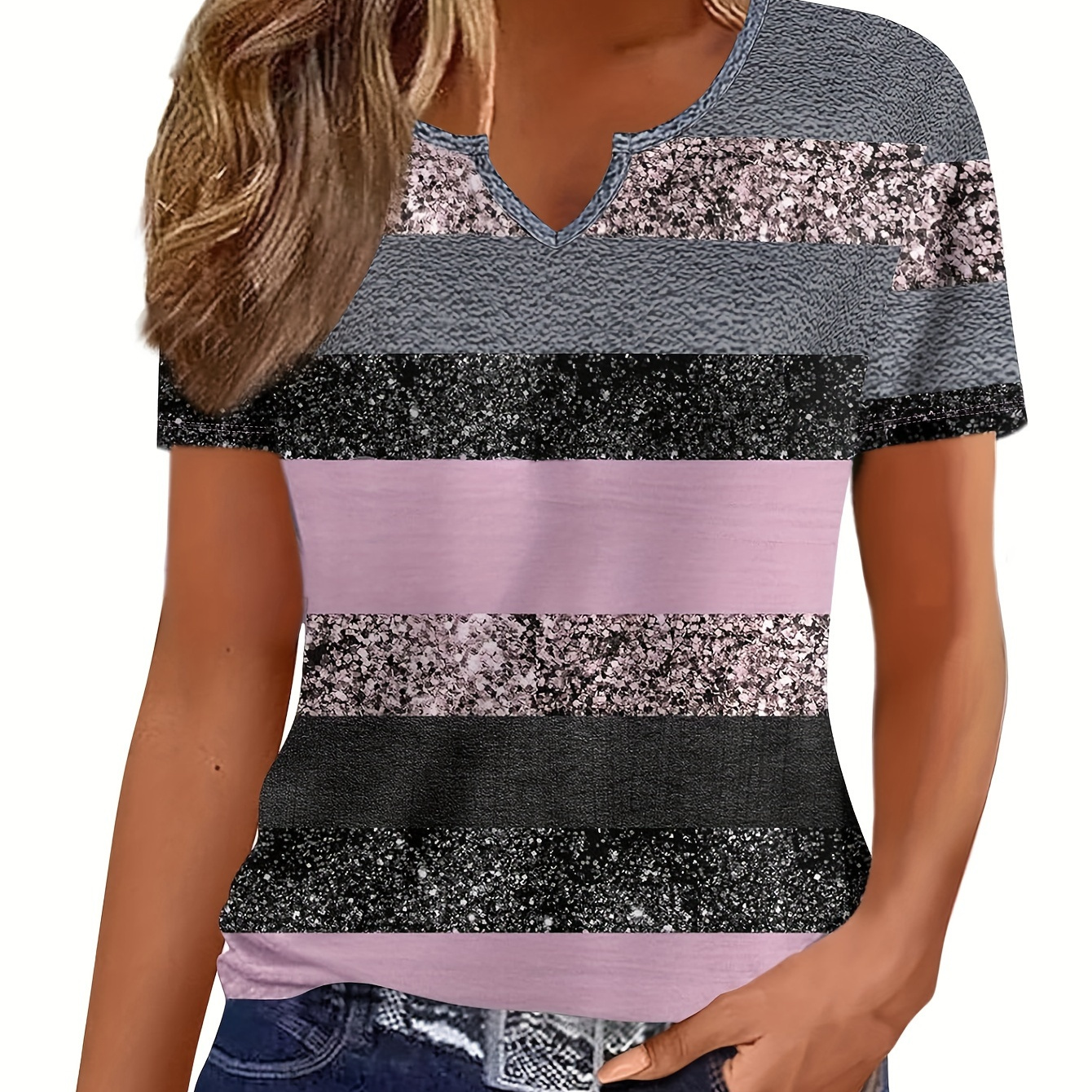 

Color Block Notched Neck T-shirt, Casual Short Sleeve Top For Spring & Summer, Women's Clothing