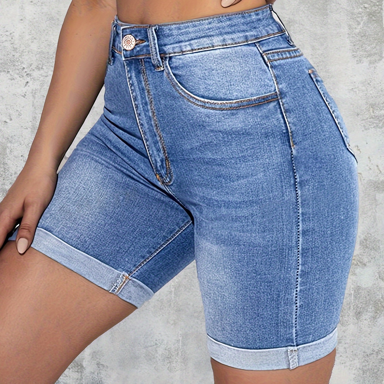

Plain Washed Blue Cuffed Hem High Rise Stretchy Skinny Fit Denim Shorts, Women's Denim Jeans & Clothing
