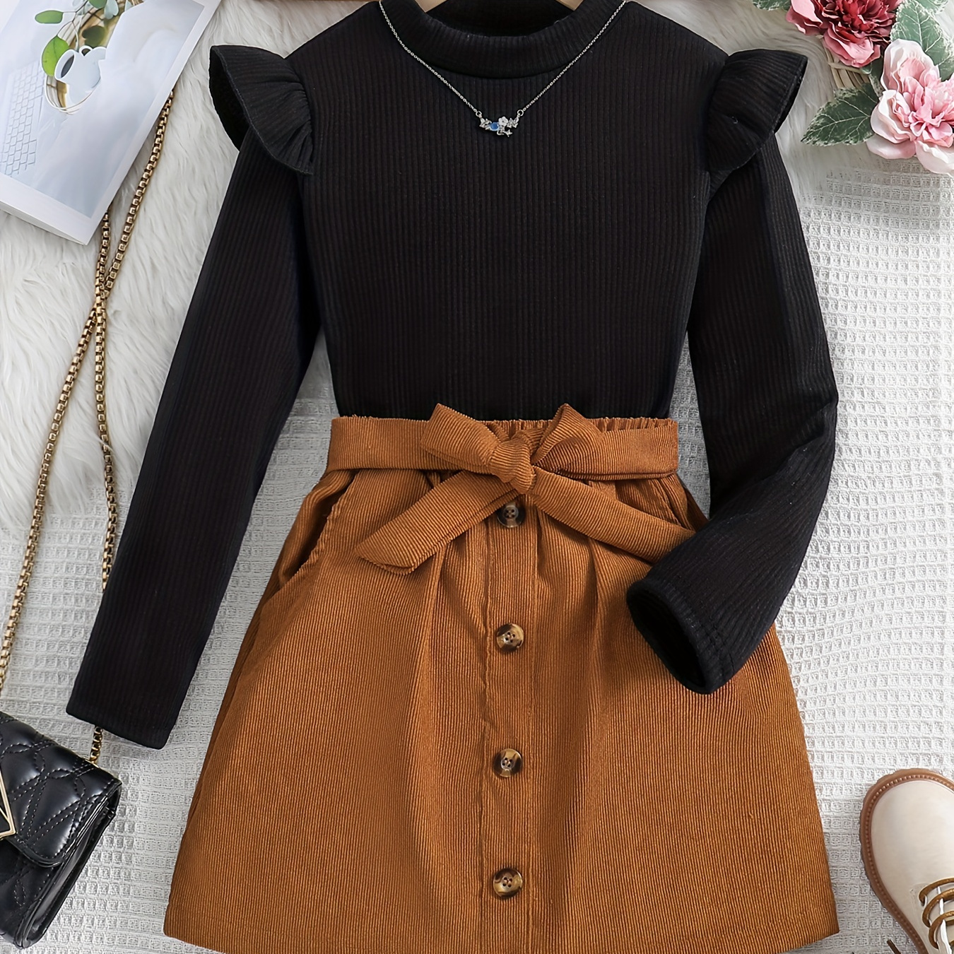 

Girl's Casual 2pcs, Ribbed Long Sleeve Top & Belted Corduroy Skirt Set, Button Decor Outfits, Kids Clothes For Spring Autumn