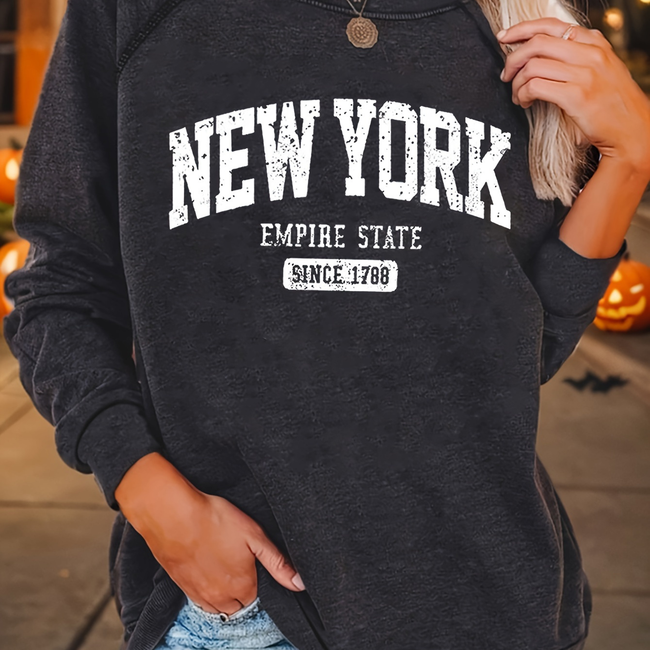 

New York Print Pullover Sweatshirt, Casual Long Sleeve Crew Neck Sweatshirt, Women's Clothing